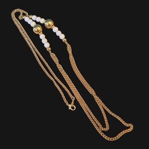 Vintage Long Goldtone Necklace 34" White Beads Double Chain Summer Casual